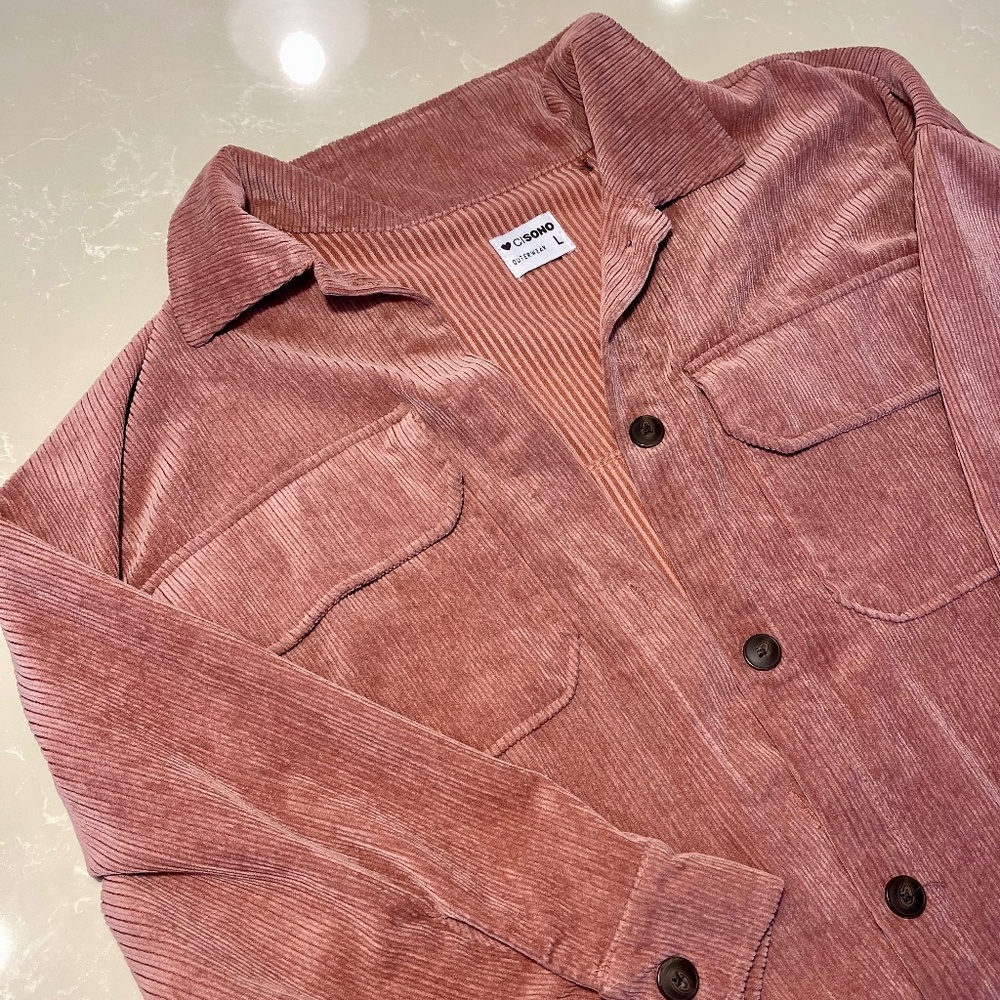 Cisono Dusty Rose Pink Corduroy Shacket – Size L, Button-Up Outerwear
